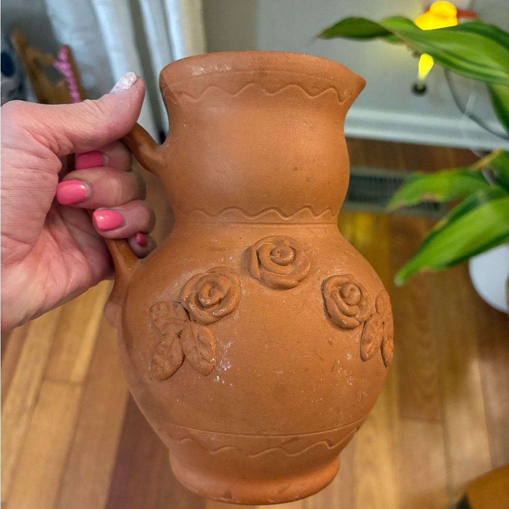 Rustic Embossed Floral Terracotta Jug